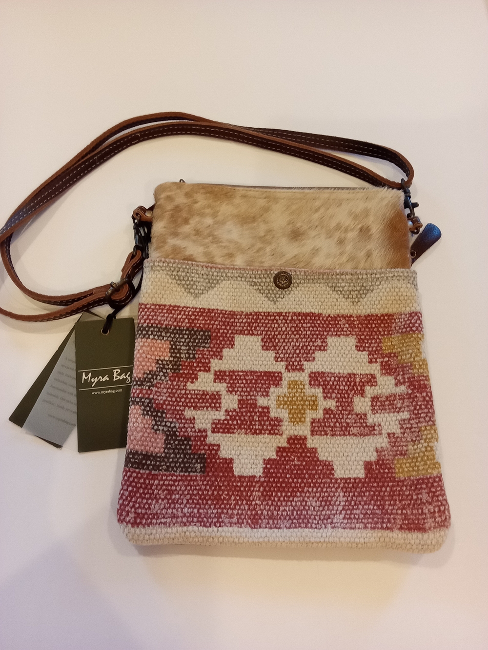 Myra Bag Woven Aztec Crossbody in Red, Beige & Brown With Cowhide Accent